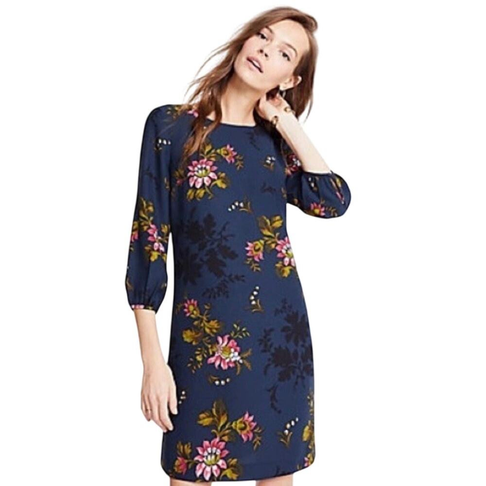 Ann Taylor Floral Lantern Sleeve Shift Dress Batik Blue 14